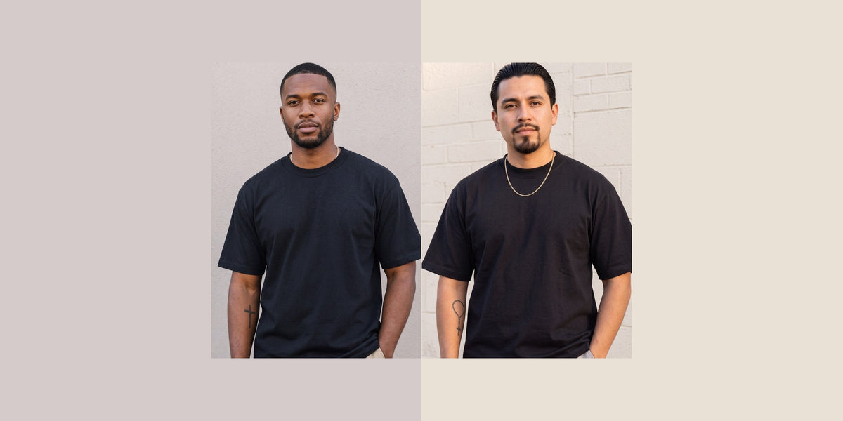 Man in a black Pro Club heavyweight tee next to a man in a black Shaka Wear Max Heavyweight tee