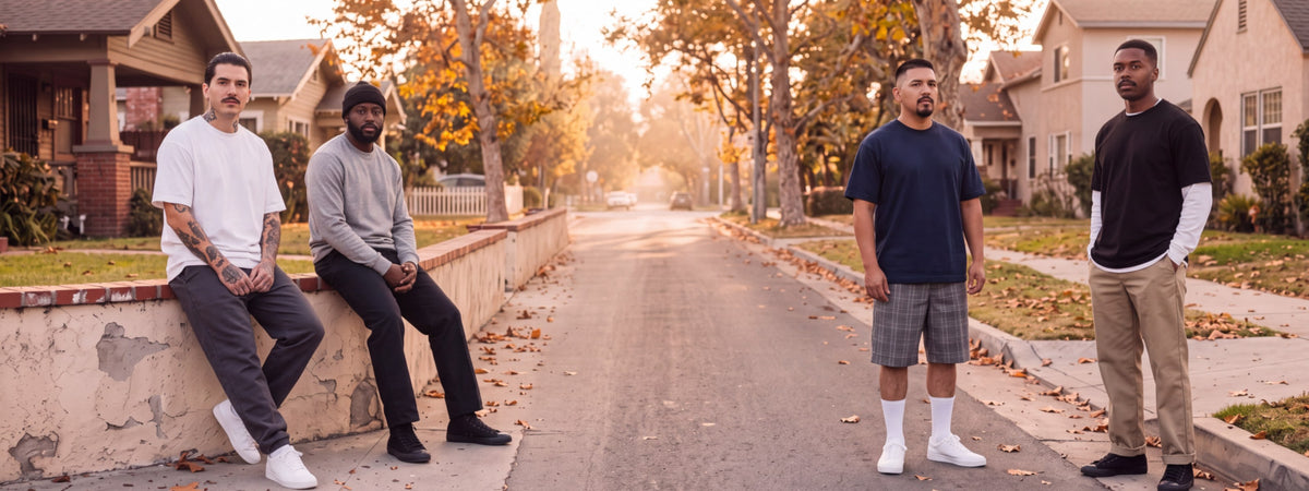Men in heavyweight tees, work pants and plaid shorts on a Los Angeles street in autumn