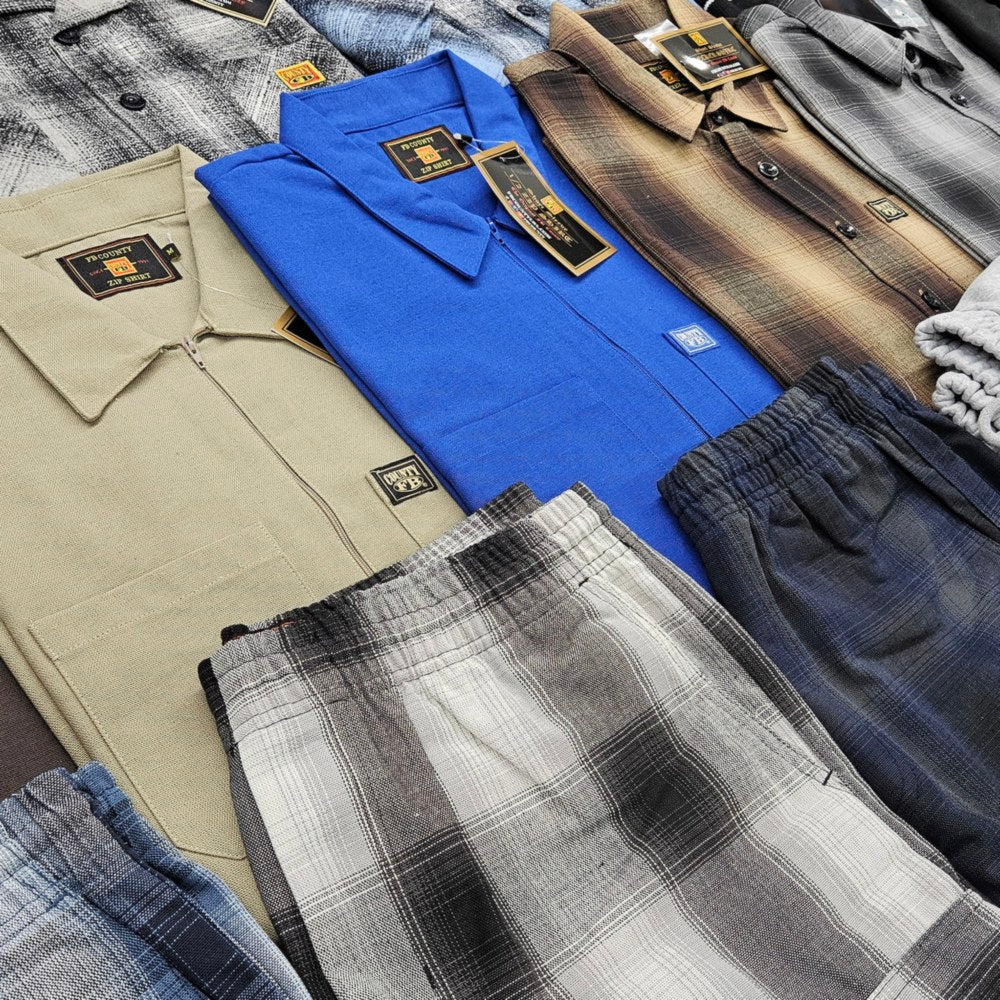 FB County short sleeve shirts in blue and khaki with plaid flannels