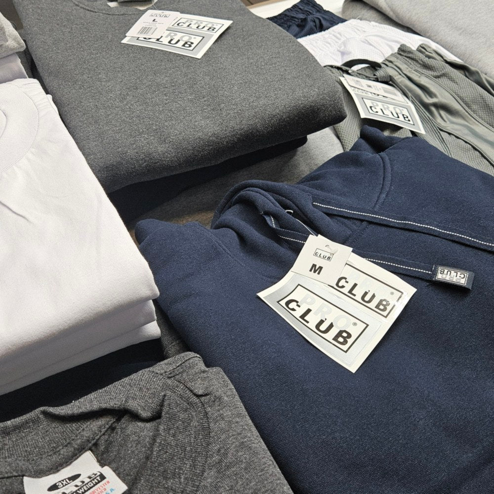 Folded Pro Club heavyweight tees and fleece in grey, navy and white