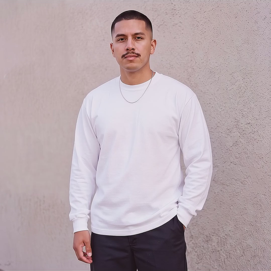 Model wearing the Pro Club heavyweight long sleeve tee in White (video)