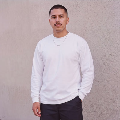 Model wearing the Pro Club heavyweight long sleeve tee in White (video)